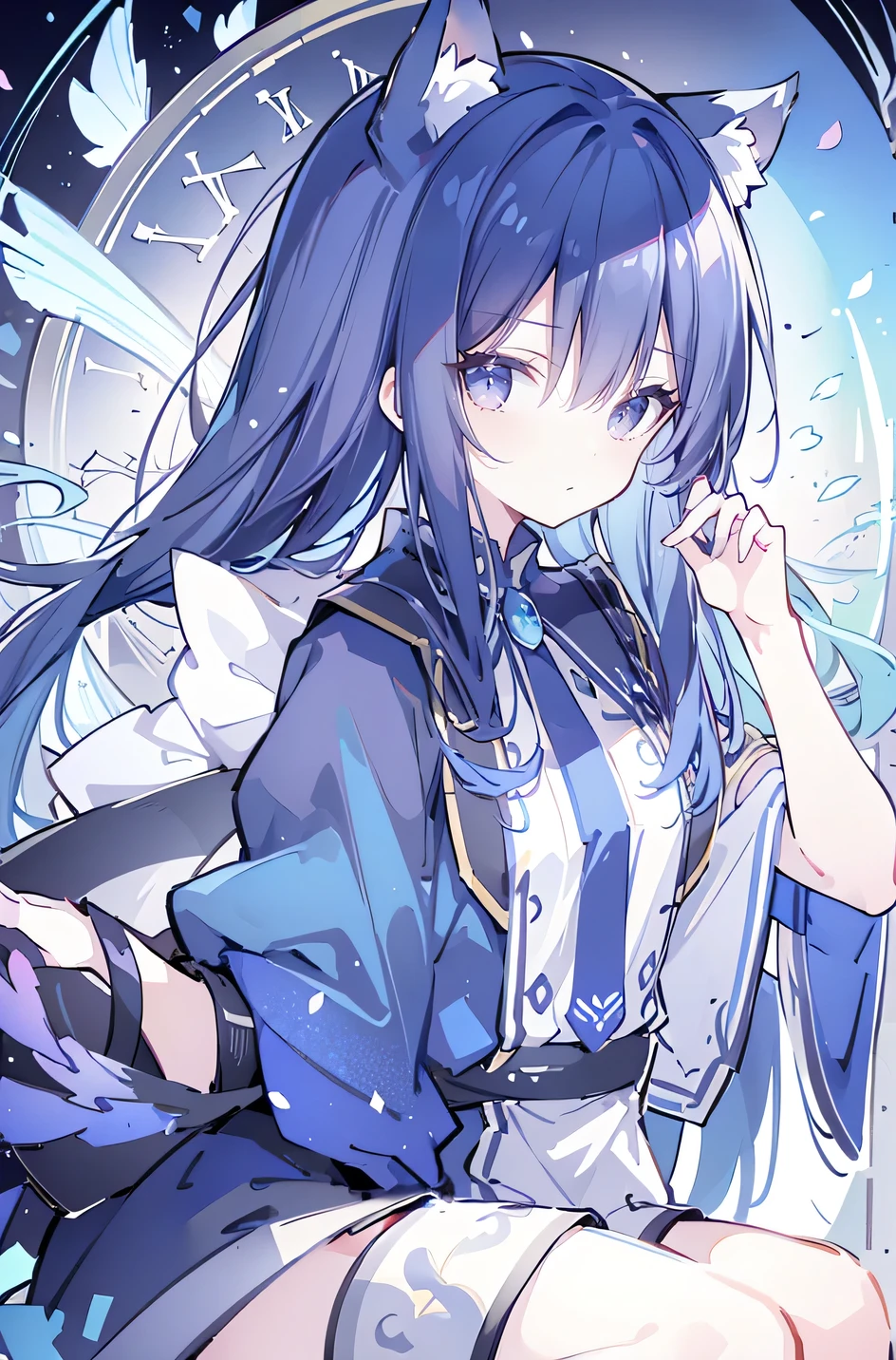 (Masterpiece:1.2)，Ultra-detailed，lifelike，The eyes are expressive，Fair skin，Perfect face shape，1 girl，Japanese Manga，Gorgeous blue hair，Flowing blue hair，Flowing clothes，Cat ears，Petals falling，Shy face，sitting on window，Place your hand on your lips,masterpiece, absurdres, novel cover, cover illustration, 1girl, solo, dark blue-haired ponytail, mage robes, flower background, clock background, monochrome, line drawing