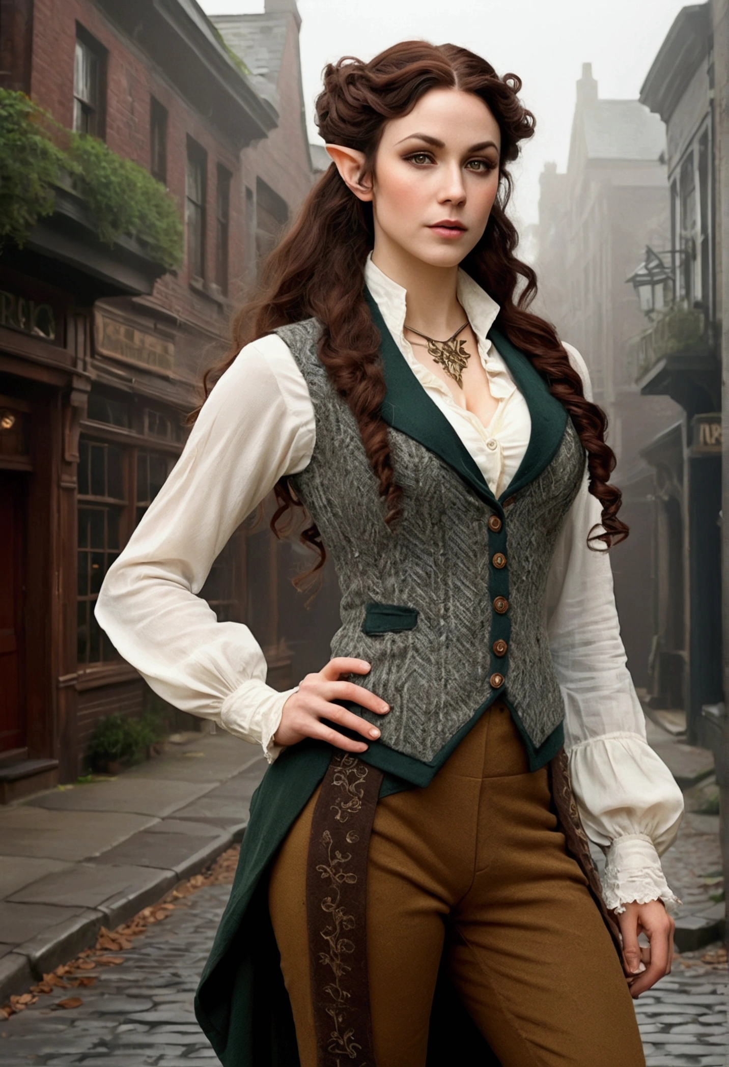an elven maiden, wearing a tweed vest and patched trousers, toned, amazonian stature, athletic hourglass figure, busty bosom, long pointy elf ears, amber eyes, dark hair, long messy curls, warm almond skintone, freckles, elven ears, standing on a foggy Victorian-era street corner, in the style of an illustrated movie poster, graphite shading, stencil marks, airbrushed acrylic paint, masterpiece