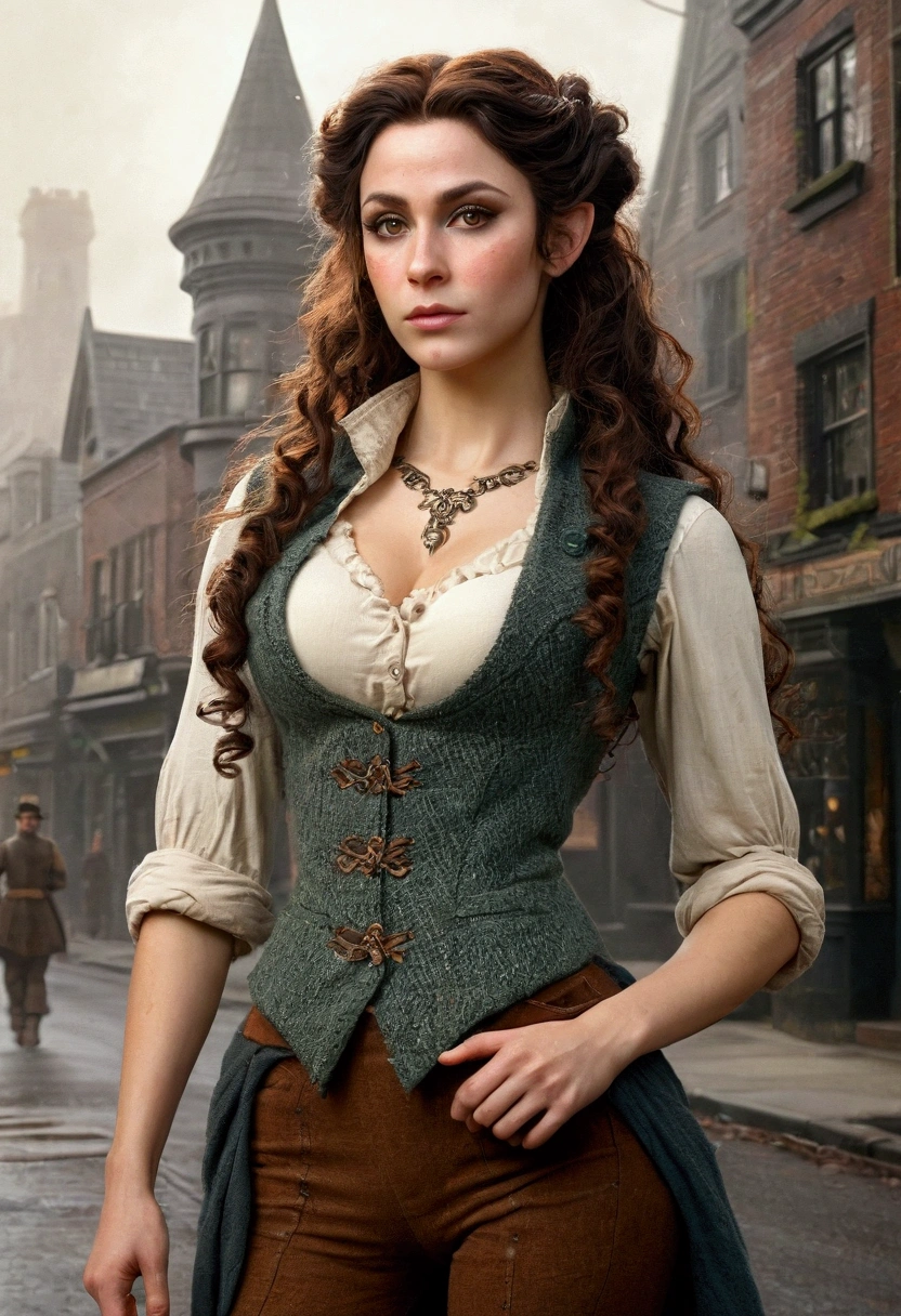 an elven maiden, wearing a tweed vest and patched trousers, toned, amazonian stature, athletic hourglass figure, busty bosom, long pointy elf ears, amber eyes, dark hair, long messy curls, warm almond skintone, freckles, elven ears, standing on a foggy Victorian-era street corner, in the style of an illustrated movie poster, graphite shading, stencil marks, airbrushed acrylic paint, masterpiece