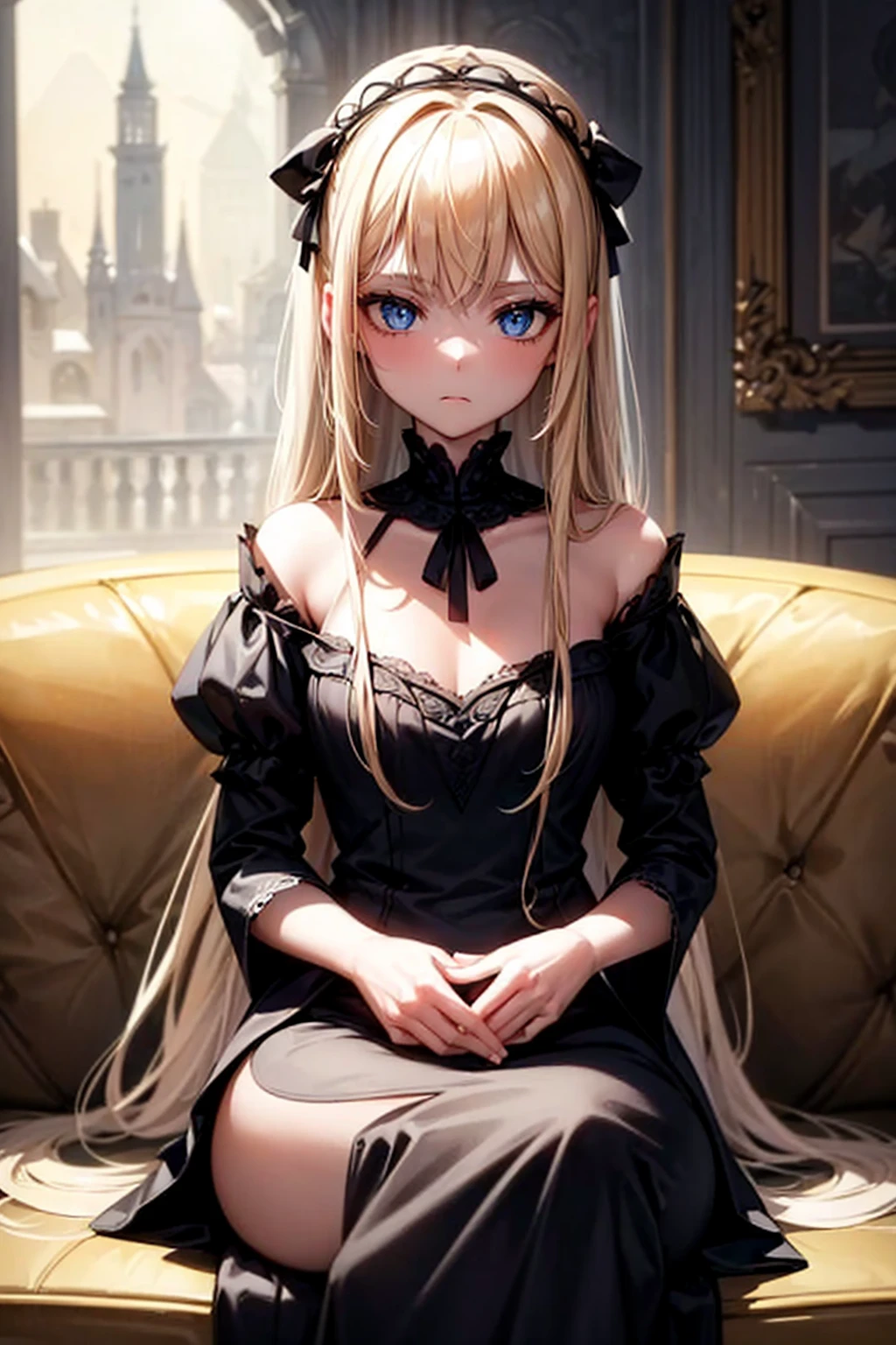 Ball-jointed doll girl, mechanical, black dress, expressionless, white-blonde hair, long hair, blue eyes, empty, sitting on a red sofa, medieval, dark mansion, white skin