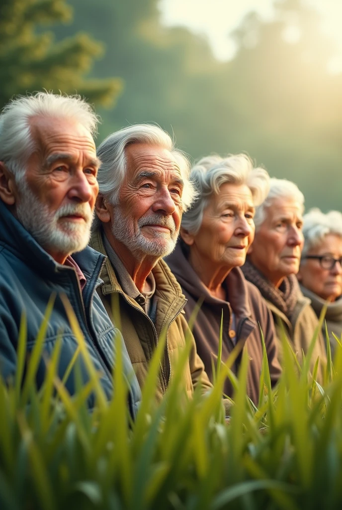 Generate a ppt cover image for presentation topic" LATE ADULTHOOD" including grass, old men & women 