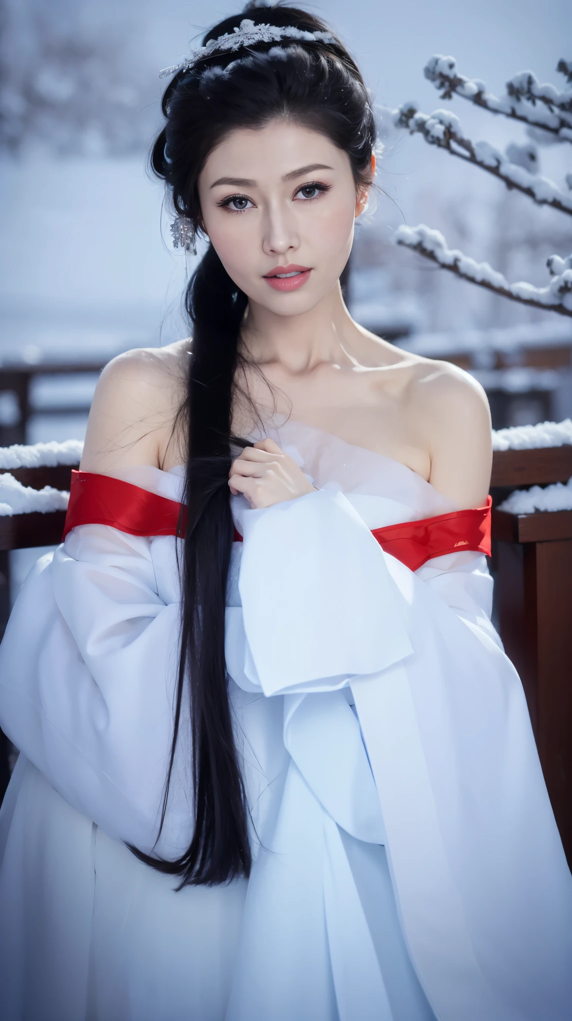 1 Fashion Model [[[[close up]]]], [[[[neck]]]], [[[[Shoulder]]]], (((Complete head)))，(((Complete hairstyle)))，Perfect eyes, Perfect Iris，Perfect lips，Perfect Teeth，Perfect skin，White skin，Soft headlights，High-density imaging，Black long hair，（Clean and delicate face），((Red fur winter hanfu))，((Half-length photo))，((The background is a snowy scene))，((winter))，((Various dynamic poses))，((The background is a snowy scene))，best quality，masterpiece，（Soft colors：1.2）