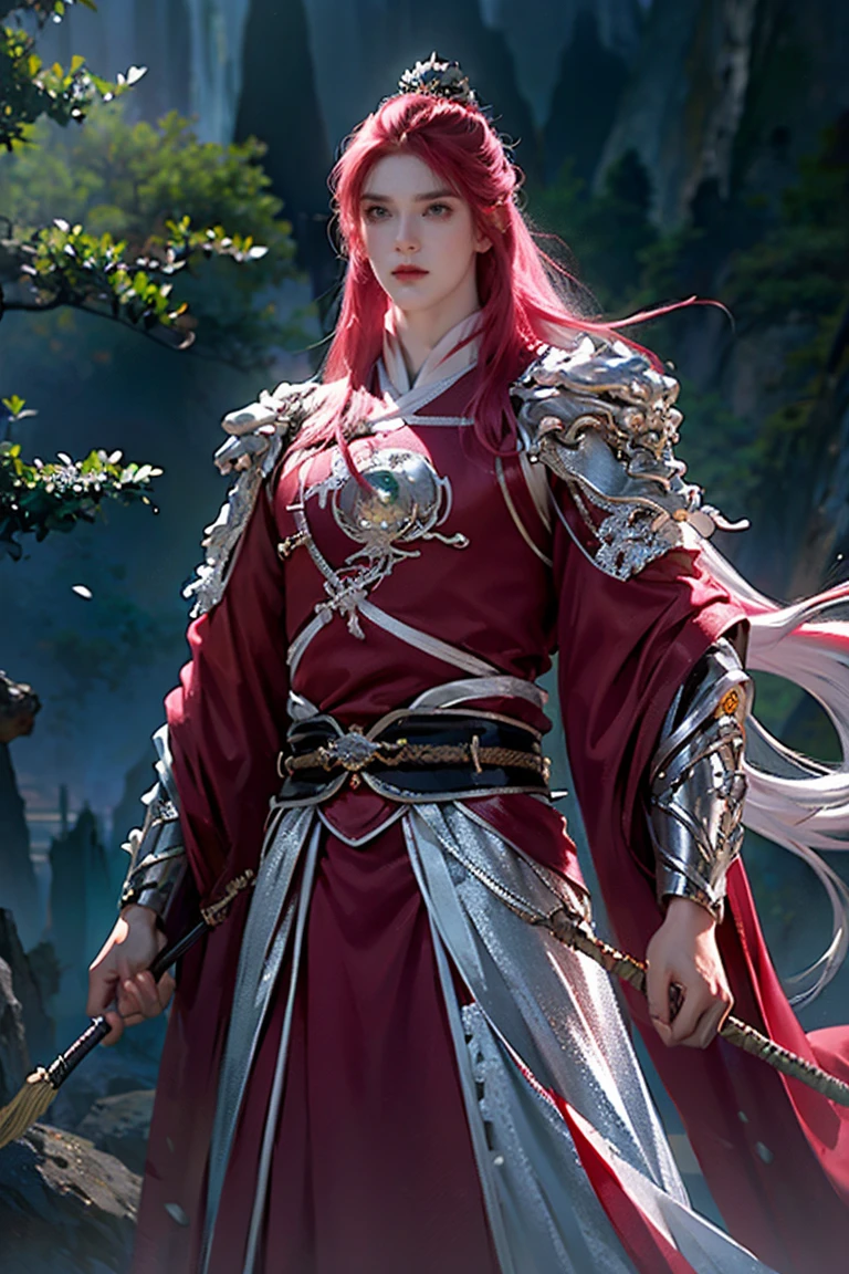 a man with long, dark pink hair and green eyes wearing Chinese armor over traditional Tang dynasty clothing, emerald and silver tones, bringing power and peace to the image, (best quality, 4k, 8k, high resolution, artwork- prime: 1.2), ultra detailed, (realistic, photorealistic, photorealistic: 1.37), extremely detailed eyes and face, long eyelashes, intricate armor details, traditional Chinese robes, flowing hair, emerald and silver color palette, powerful and serene expression , dramatic lighting, cinematic composition, award winning digital art