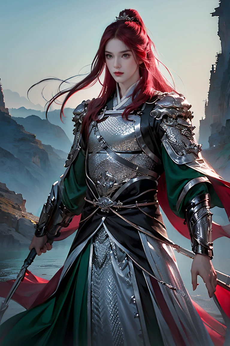 a man with long, dark pink hair and green eyes wearing Chinese armor over traditional Tang dynasty clothing, emerald and silver tones, bringing power and peace to the image, (best quality, 4k, 8k, high resolution, artwork- prime: 1.2), ultra detailed, (realistic, photorealistic, photorealistic: 1.37), extremely detailed eyes and face, long eyelashes, intricate armor details, traditional Chinese robes, flowing hair, emerald and silver color palette, powerful and serene expression , dramatic lighting, cinematic composition, award winning digital art