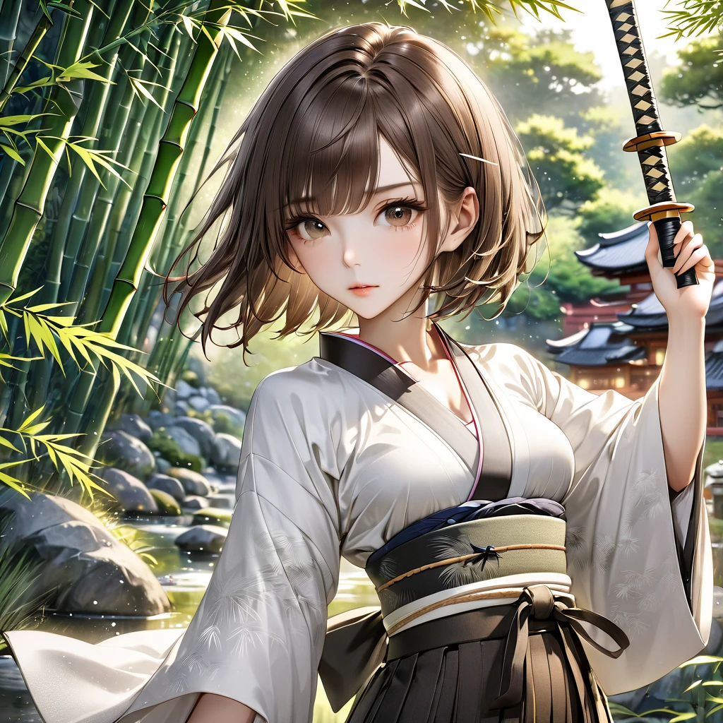  High resolution, masterpiece, 最high quality, Very detailed, high quality, Textured skin, Bob Hair, Brown Hair, Natural look,Sparkle Effect, far and near method, chest, A girl with a bamboo sword, Hakama,Japanese garden