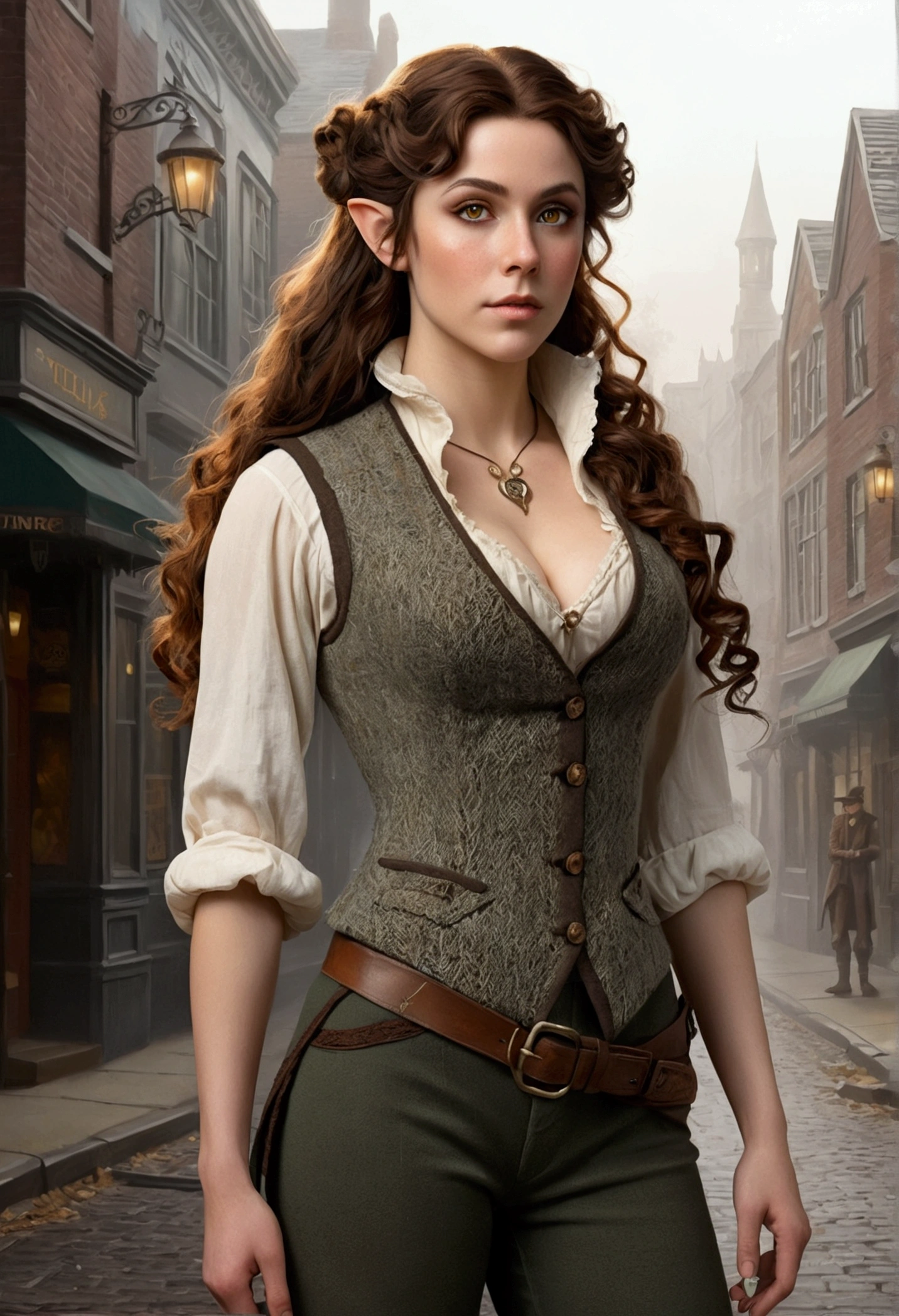 an elven maiden, wearing a tweed vest and patched trousers, athletic hourglass figure, busty bosom, long pointy elf ears, amber eyes, dark hair, long messy curls, warm almond skintone, freckles, elven ears, standing on a foggy Victorian-era street corner, in the style of an illustrated movie poster, graphite shading, stencil marks, airbrushed acrylic paint, masterpiece