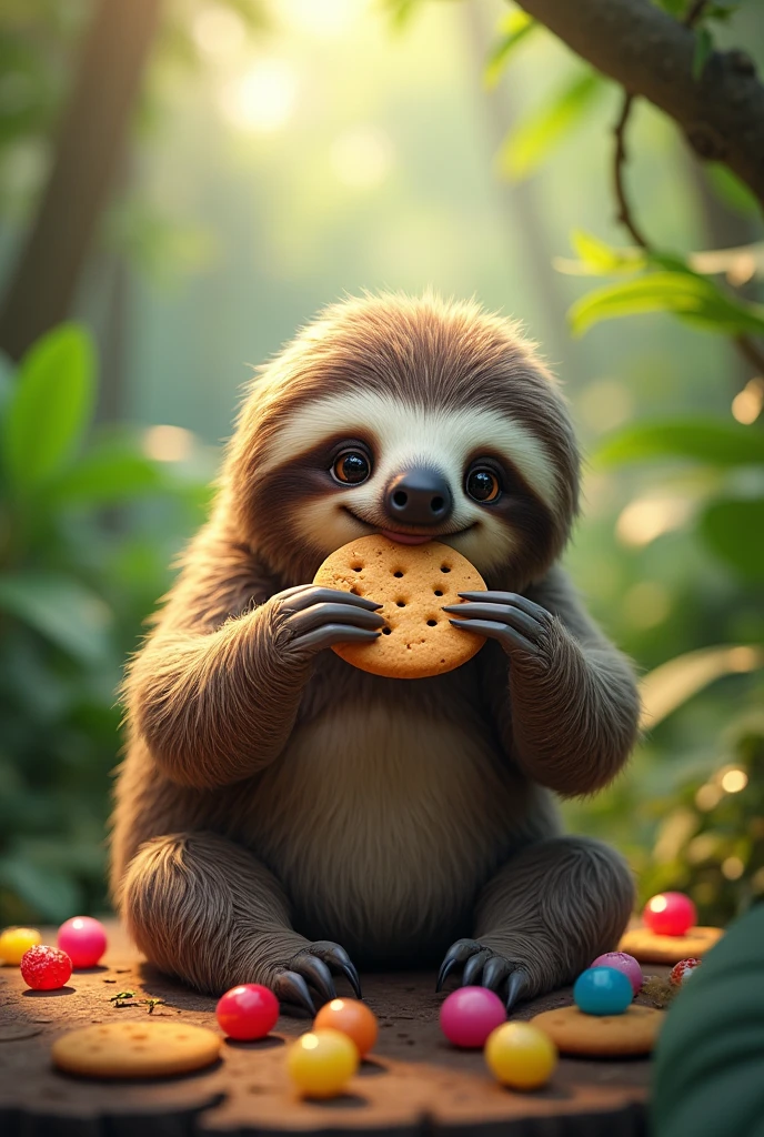 Sloth eating cookies and jelly beans 