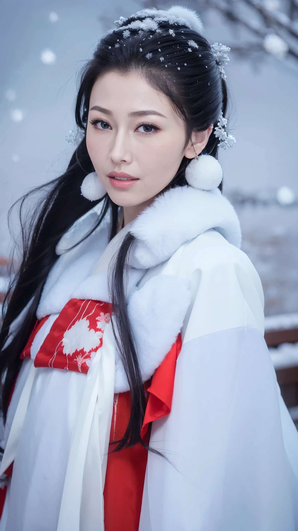 1 Fashion Model [[[[close up]]]], [[[[neck]]]], [[[[Shoulder]]]], (((Complete head)))，(((Complete hairstyle)))，Perfect eyes, Perfect Iris，Perfect lips，Perfect Teeth，Perfect skin，White skin，Soft headlights，High-density imaging，Black long hair，（Clean and delicate face），((Red fur winter hanfu))，((Half-length photo))，((The background is a snowy scene))，((winter))，((Various dynamic poses))，((The background is a snowy scene))，best quality，masterpiece，（Soft colors：1.2）