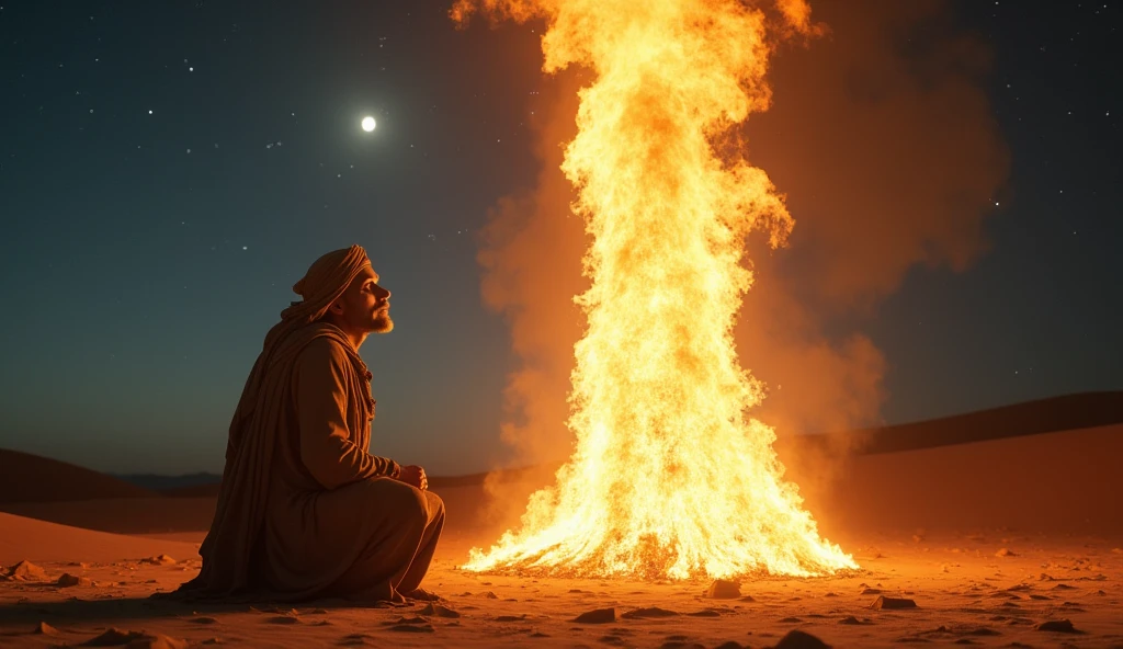 Image of a man dressed in ancient clothes in the middle of the desert at night kneeling while looking in amazement at a 30 meter fire