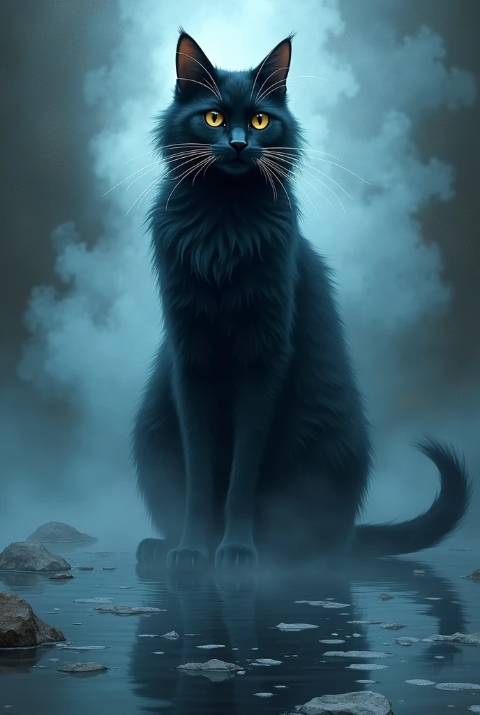 An easy drawing of  macavity the mystery cat surrounded by a magical mist reveiling a mirror like surface 