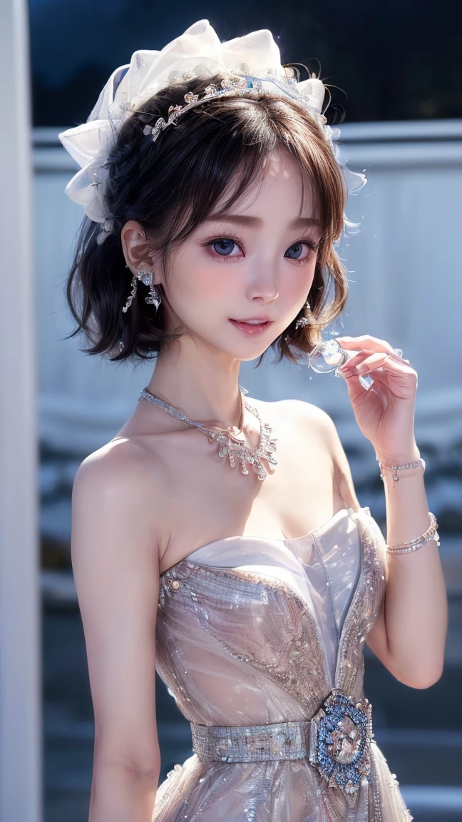 (4k quality:1.3),(Highest quality:1.3),(Whitening:1.4),(,Girl:1.3),(The best beauty:1.5),rich,Upper Body,smile,(Strapless bejeweled dress:1.3),(Different dimension:1.6),Overflowing breasts,(jewelry),Captivate a man,Cleavage,(Super Celebrities:1.5),(Supermodel:1.4),(Whitening:1.2),(Tight waist:1.4),(Night viewの良いホテル:1.1),(luxury:1.2),(Arisa Hanyu:1.5),(anorexia:1.4),(Night view:1.3),(Face close-up),Catchlight,(Child&#39;s face:1.6),(smile:1.1),(Light blue hair:1.3),(Half Up Hair:1.3),(Light blue eyes:1.4),(2D cuteness:1.5),(Cute Makeup),Beautiful fingertips,(Sexy and cute:1.6),(Luxury hotel:1.6),(White Gal:1.6),(Transparent white skin:1.4),(albino:1.5),(Lighting hits the subject:1.3)