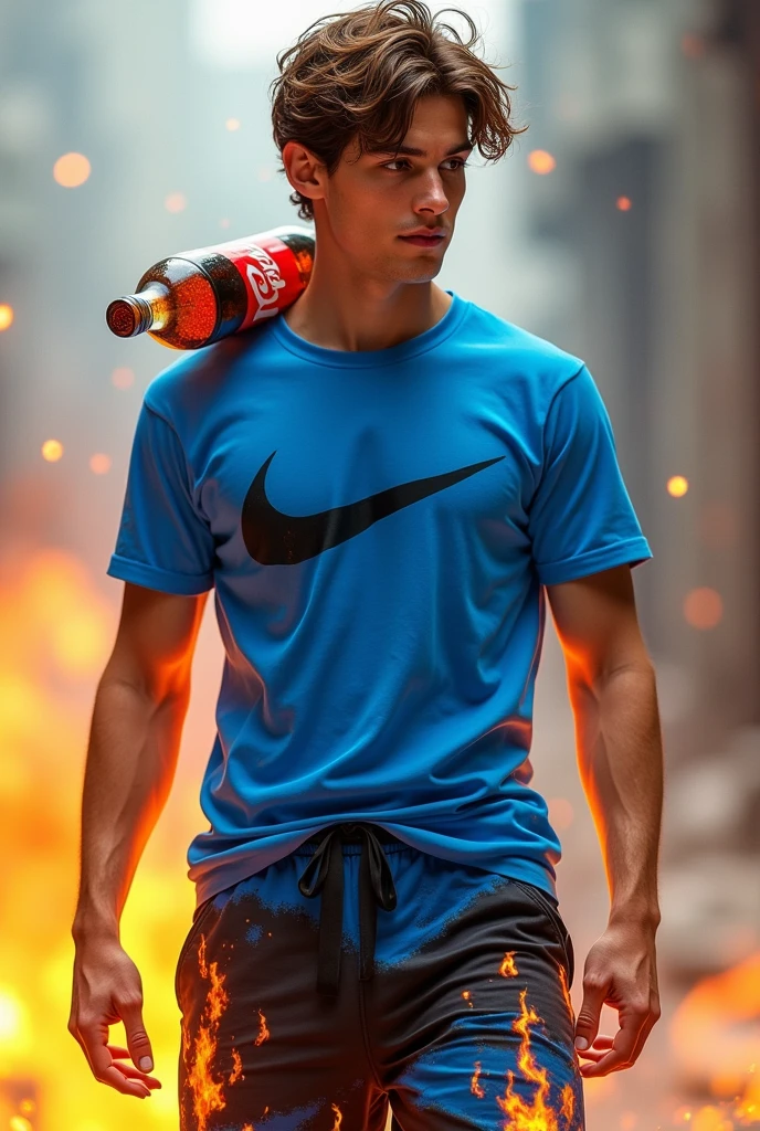 Male character with brown hair, blue shirt with black Nike, with black and blue pants like a flame of fire, and a bottle of coke on his shoulder