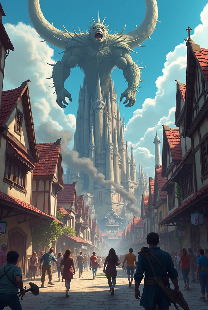Middle Ages anime fantasy magic city attacked by monsters panic cartoon