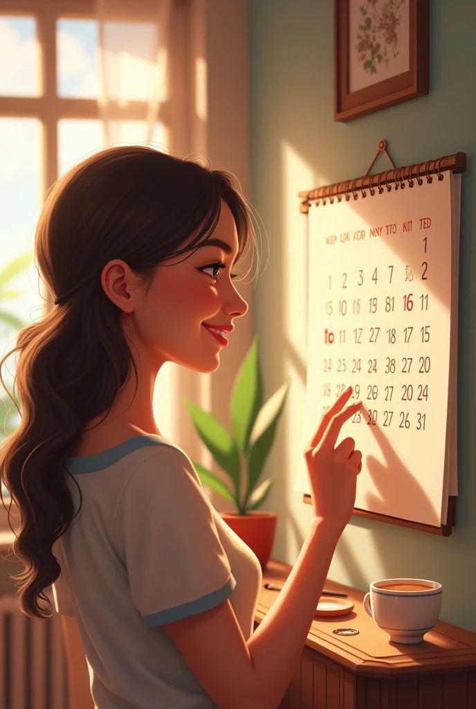 "Create an image of a woman with a warm, joyful smile as she looks at a calendar. The woman should be depicted in a well-lit, cozy room, perhaps sitting or standing near a wall where the calendar is displayed. Her expression should convey happiness or anticipation as she marks a special date or simply enjoys a moment of reflection. The calendar can be a traditional one with clear, bold dates, and the background should include subtle details like a plant, a cup of tea, or a window with natural li