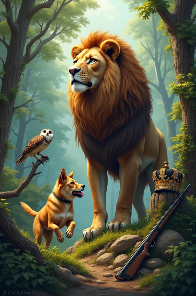 A lion should be added to an owl and a dog should be added to the forest and a king's cap should be there and a shot gun should be added