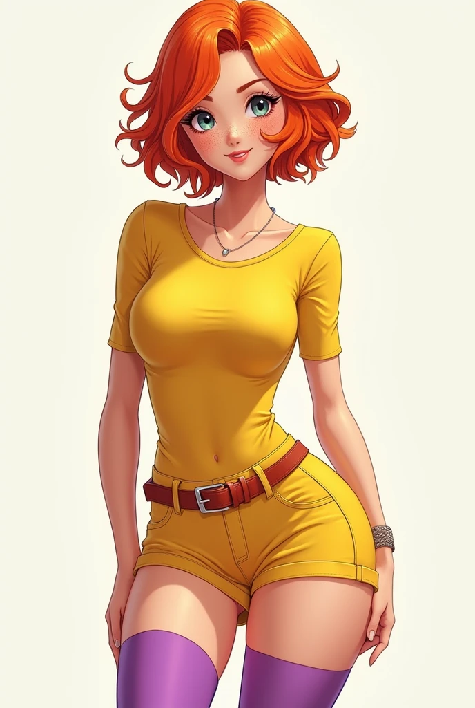 Masterpiece, high quality, happy, 1girl, orange hair, short hair, curly hair, freckles, helmet, bodysuit, yellow shirt, short sleeves, long sleeves, belt, yellow small shorts, purple thighhighs, sexy body, gorgeous body, beautiful, beautiful legs, solo