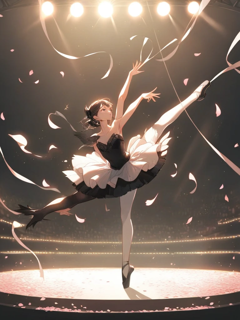 Girl ballerina black swan. Tragic scene, dynamic pose, stage lighting, flower petals in the air, absurdity
