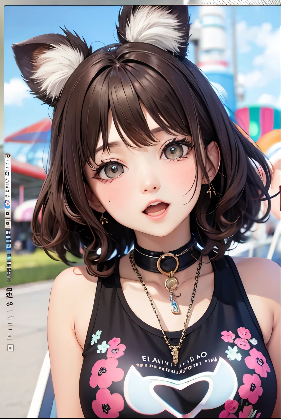 Top quality, highly detailed, UHD, idol, playing at an amusement park, cute and beautiful anthropomorphic koala girl with brown curly bob hair wearing a heart-shaped choker, casual clothes