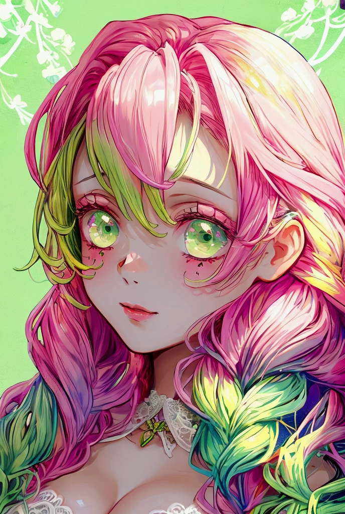 Convert your flower art into a hand-drawn illustration.、Create backgrounds with vibrant colors and unique touches The type of flower is statice、Gypsophila、sweet pea、Mix in some lace flowers, portrait, face portrait, big breasts, cleavage, pink hair, green eyes, (green highlights), green braids,
