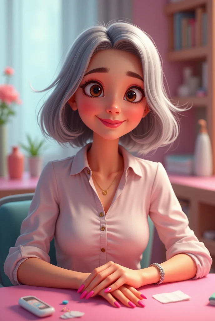 Pixar woman shoulder length silver hair brown eyes long pink nails manicurist
