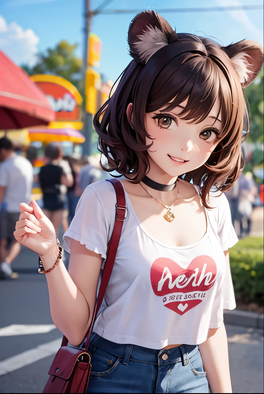 Top quality, highly detailed, UHD, idol, playing at an amusement park, cute and beautiful anthropomorphic koala girl with brown curly bob hair wearing a heart-shaped choker, casual clothes