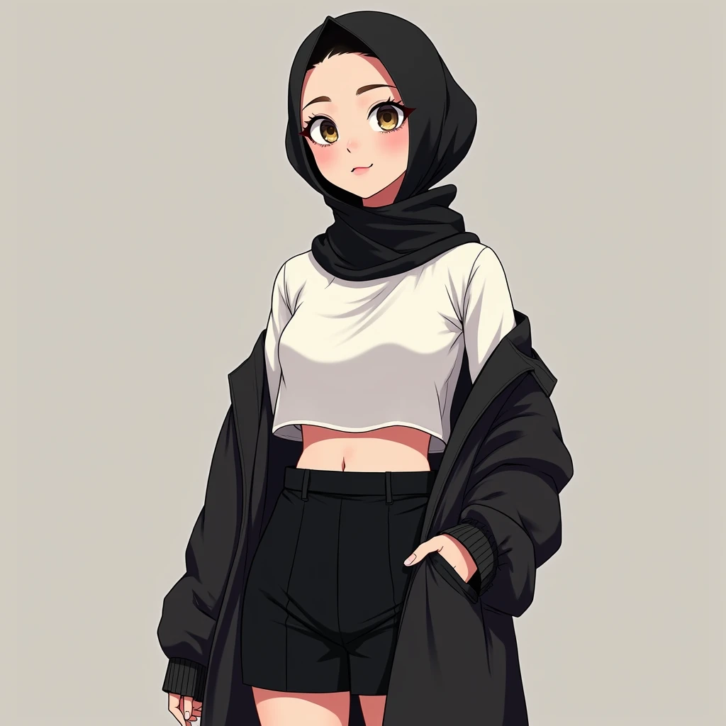 "A anime girl wearing a sleek black hijab pairs it with a stylish white crop top and a black mini skirt. Her outfit is elegant and fashionable, highlighting her youthful charm with a balanced touch of sophistication and modern style."