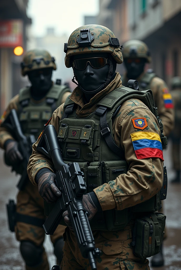 Create a group of military type Commandos with their faces covered Venezuelans from PLAN Z, Add the flags of Venezuela to your arms