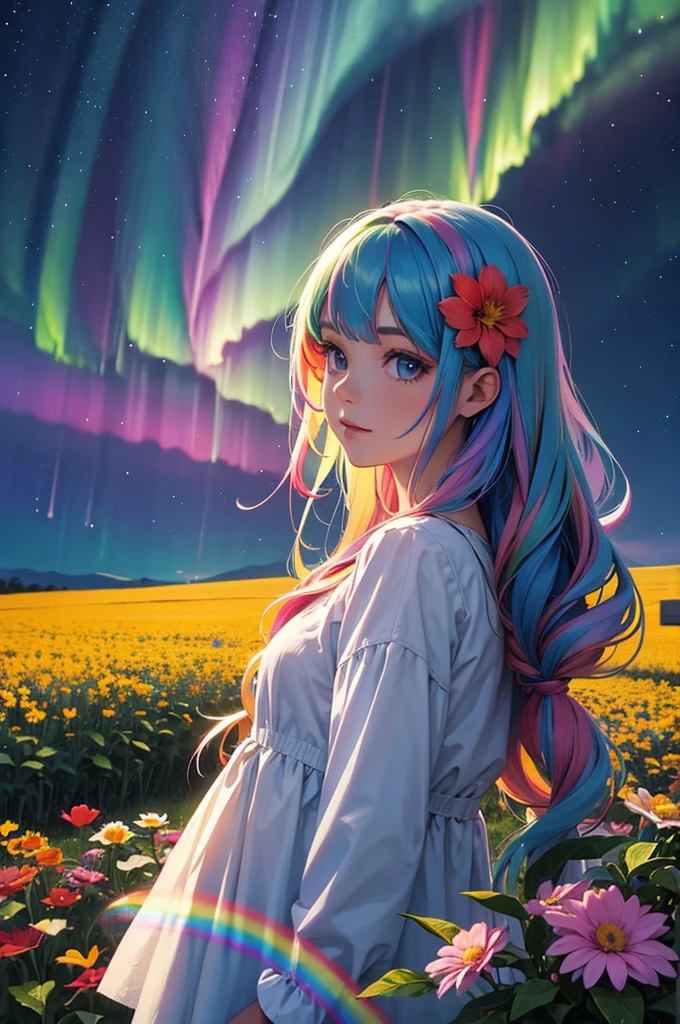 Girl with long rainbow hair, upper body, large flower field, night sky, aurora