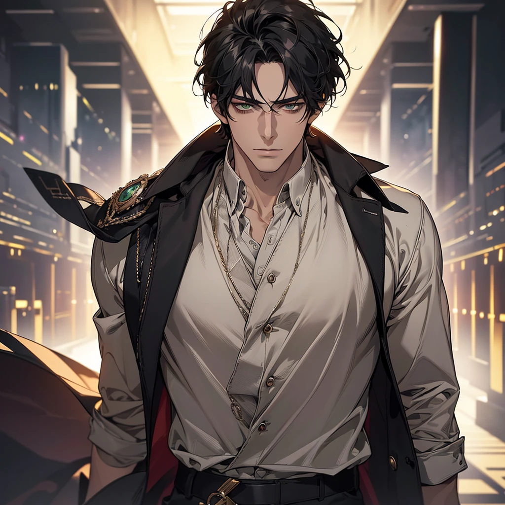 (Highest quality, masterpiece, 8k, Realistic, Cinema Lighting, HDR image, Super detailed, Beautiful images), 1 person, 3, Mature Men, very handsome, (Expressionless), Short black hair, Green Eyes ( Sharp Eyes), perfect face no errors, Doctor, Parted bangs, anime, Simple Background, Chest girth,