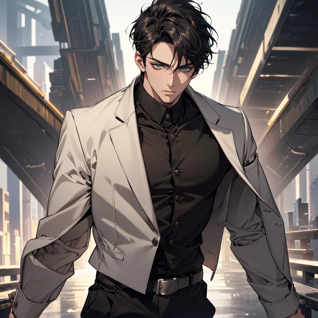 (Highest quality, masterpiece, 8k, Realistic, Cinema Lighting, HDR image, Super detailed, Beautiful images), 1 person, 3, Mature Men, very handsome, (Expressionless), Short black hair, Green Eyes ( Sharp Eyes), perfect face no errors, Doctor, Parted bangs, anime, Simple Background, Chest girth,