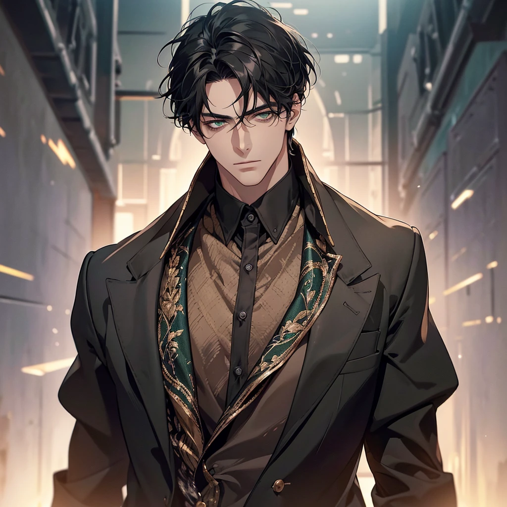 (Highest quality, masterpiece, 8k, Realistic, Cinema Lighting, HDR image, Super detailed, Beautiful images), 1 person, 3, Mature Men, very handsome, (Expressionless), Short black hair, Green Eyes ( Sharp Eyes), perfect face no errors, Doctor, Parted bangs, anime, Simple Background, Chest girth, 