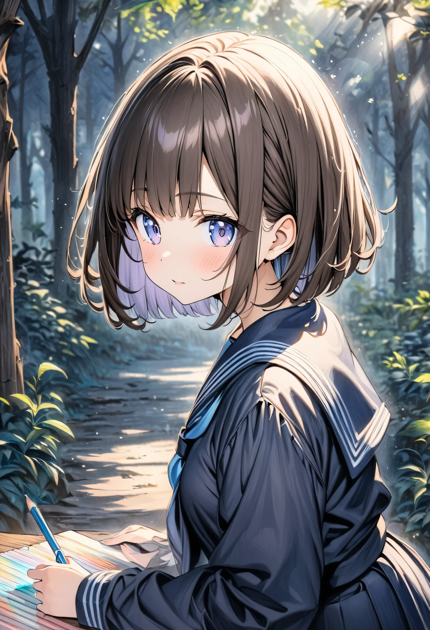 ((style:Colored pencil,pale colour)),(anime)、(masterpiece:1.2),middle ages、Atmospheric perspective,Lens flare、Navy blue sailor suit、girl、cute、Hair color is brown、Her hairstyle is a bob cut with longer sides、in the forest、Light
