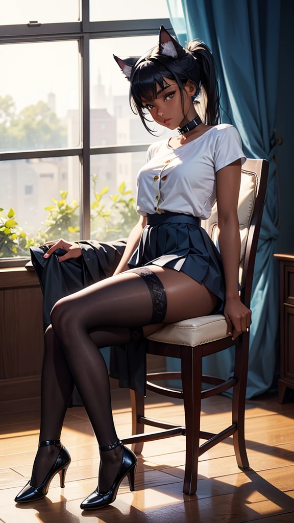 (high resolution, full body, soft skin:1.2),(best illustration,masterpiece:1.2),ultra-detailed,[(cat ears , black inside:1.2, black ponytail hair, gold eyes, cat eyes, dark skin),vivid colors,sharp focus,studio lighting,bokeh, wearing a blueLettuce Trim Button Front T-Shirt, Sexy Slim Solid Color Short Sleeve T-Shirt, blue short pleated skirt, blue lacy thigh high stocking, sitting in chair