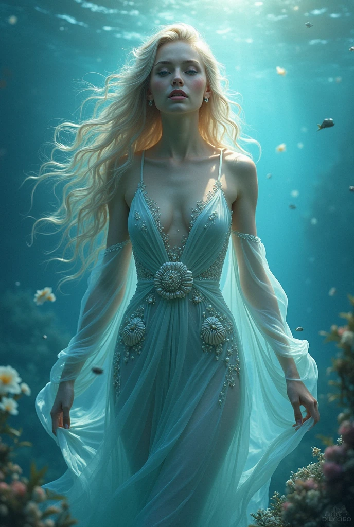 Ethereal and majestic lady, with flowing hair that blends with the ocean. Wears shimmering sea-like attire adorned with seashells and pearls.