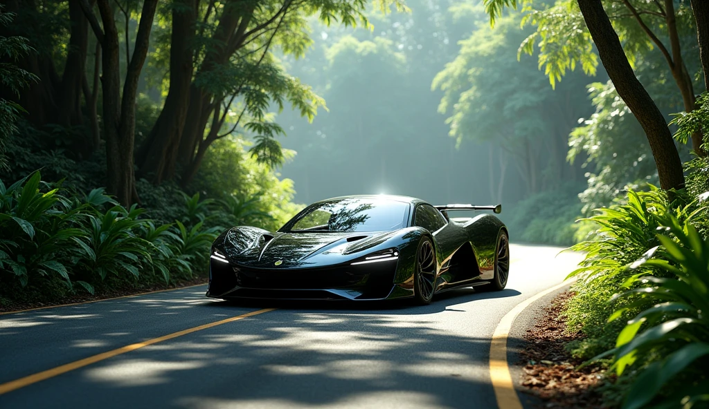 A road in a jangle and a super car stand there