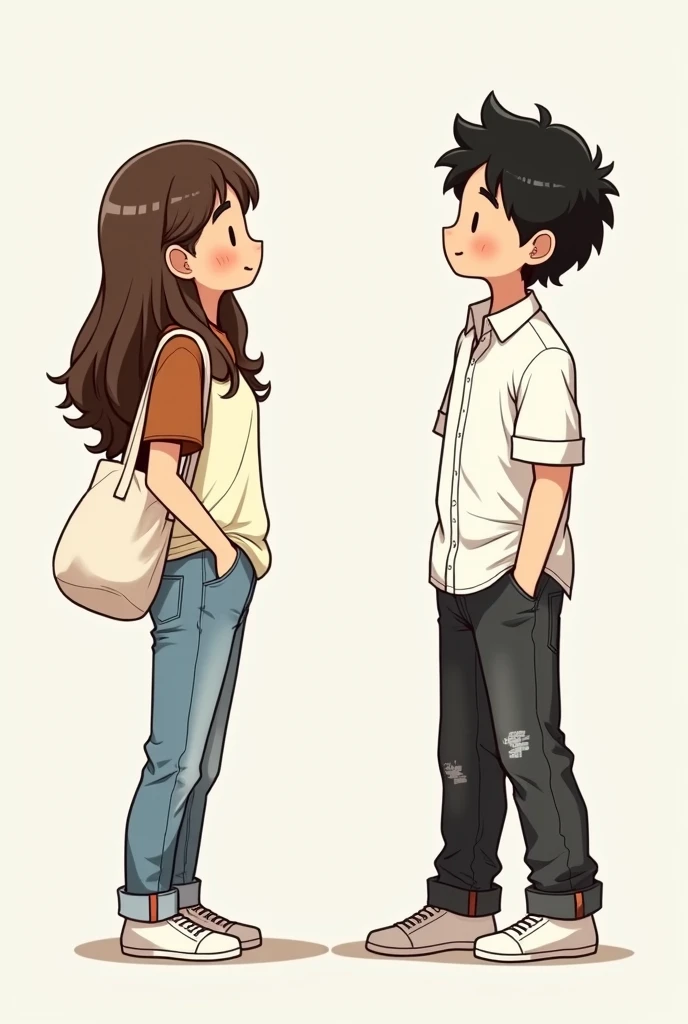 Two chibi manga couples, the girl is shorter than the guy. The girl has an off white T-shirt on with brick brown half sleeves and light blue jeans. The girl is also carrying one white tote bag on her shoulder. The guy has worn black faded jeans with a full sleeved white button up shirt with the sleeves folded and the guy’s hair is black and curly and the girl’s hair is long, brown and straight. Both are wearing WHITE shoes