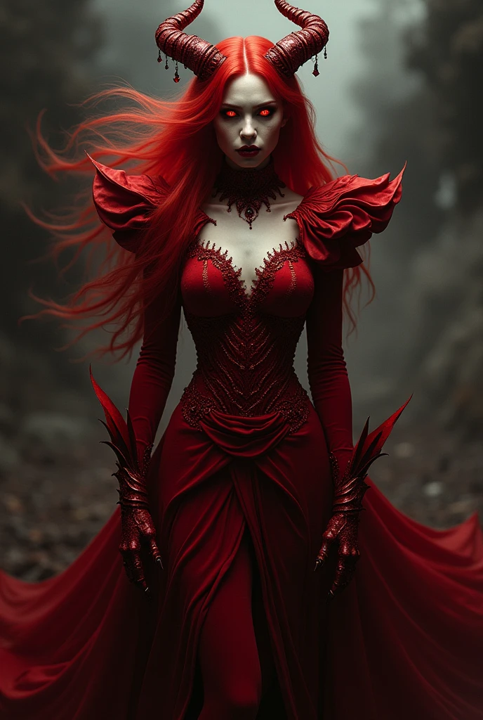 NSFW, best qualityer (4K, high resolution, work of art:1.2), ultra detali, realisitic (photo-realisitic:1.37), Snow, the Red Queen of Wrath, charming mesmerizing, portraite, ((standing in a captivating red velvet dress)), attractive look, mas intimidador, hypnotic, demonic eyes, poised posture, ((Flowing fiery red hair)), with flashes of hellfire, intense and sinister aura with a touch of darkness, puros (red velvet color scheme), sharp focus, perfect, Ominous lighting, confident, sinister behavior, intriguingly perverse smile, powerful magic of wrath and sinister energy radiating from his eyes, war-torn landscape with a dark, foreboding background, fascinating atmosphere, but mysterious, inspired by fantasy art and dark mythology, emphasizing its fascination, fury, and malevolent charm, meticulous attention to facial detail showcasing her stunning beauty, elaborate, war costume design, impressive visual impact, expressive facial features, but perverse, supernatural elements mixed with a sinister reality, (exceptionally detailed:1.3), super finely detailed hands with claws, ultra-detailed fingers (ten fingers), (suggestive and intimidating pose), ((full length showcase)), no logos in the background.