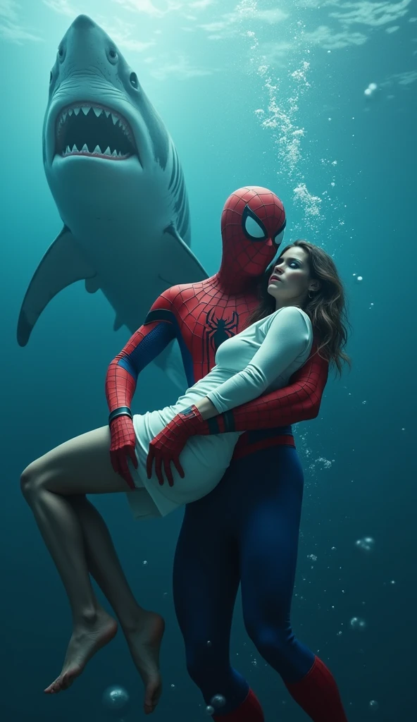 This image depicts a dramatic underwater scene where Spiderman is carrying a woman, possibly a flight attendant, while he is surrounded by sharks. The scene is intense, with Spiderman looking determined and the woman looking unconscious or distressed. There is a large shark behind them, adding to the tension. The image has a surreal, almost cinematic quality.