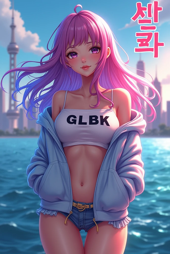 Create anime character;
{background: capital HD text: “GLBK” in right-top, sea}, tanned skin,
realistic, HDR, beautiful, korean style, full body, age 20, hoodie HD text: “JULI”, female, gradient hair pink & blue, long hair, open breast, sexy body, big boobs