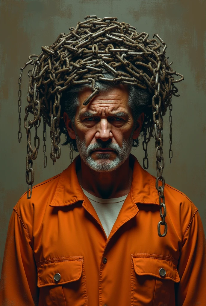 Create an image of a man in orange prison clothes with several irons and chains on his head, with an expression of pain.