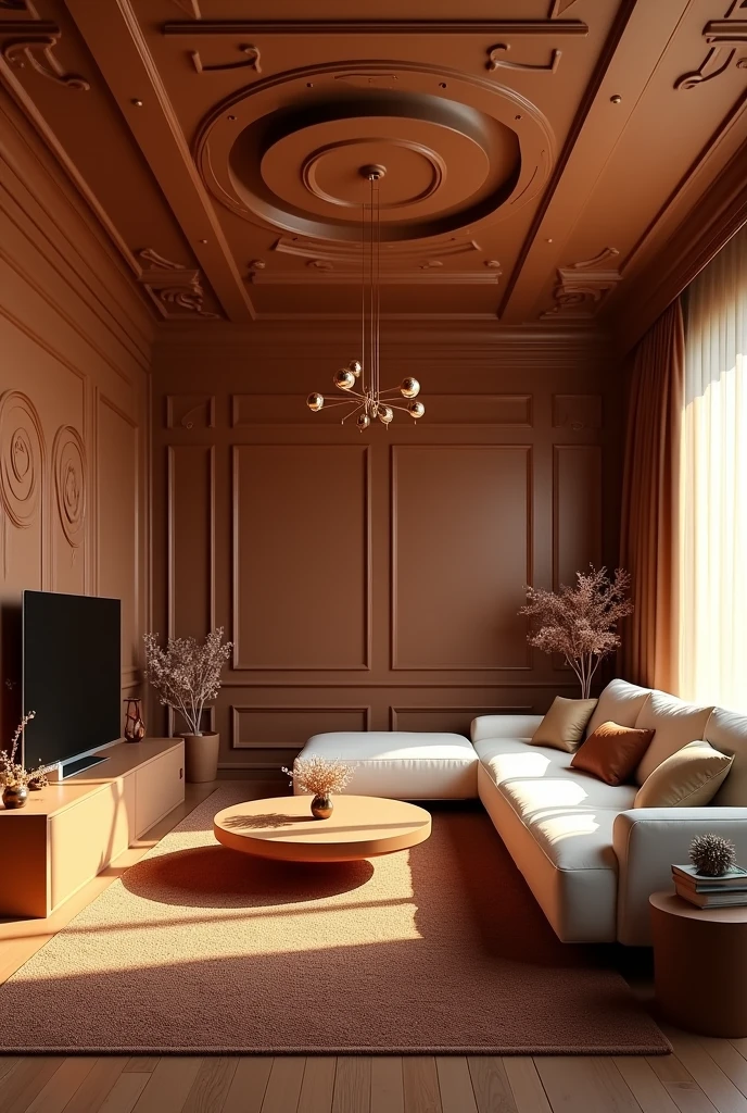 ((masterpiece, 8k, best quality, 8k, super realistic, high resolution:1.3)), living room made of chocolate, chocolate world, chocolate lighting, white chocolate sofa, tv de chocolate, chocolate carpet, yellow lighting