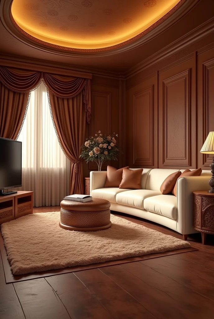 ((masterpiece, 8k, best quality, 8k, super realistic, high resolution:1.3)), living room made of chocolate, chocolate world, chocolate lighting, white chocolate sofa, tv de chocolate, chocolate carpet, yellow lighting