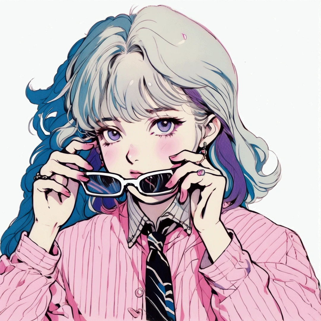 There is a painting,Drawing of a woman wearing glasses and a tie,Androgynous 2D anime style, Character Art Style, Inspired by Ib Eisner, Silver-haired girl, Danganronpa Nanami Chiaki, 80s anime art style, High-quality anime art style, cyber school girl, anime style character, Hint from yayoi kasuma