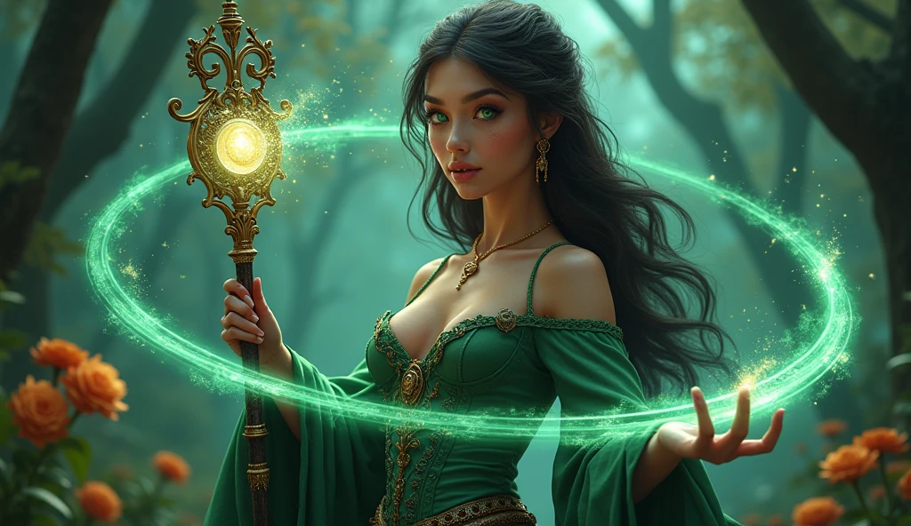 (best qualityer, 4K, 8k, high resolution, work of art: 1.2), (full silhouette: 1.5), ultra detali, (realisitic, photorealisitic, photorealisitic: 1.37), witch, RPG, Sorceress, magie , brunette woman, beautiful detailed deep green eyes, beautiful detailed lips, extremely detailed eye and face, long eyelashes, vibrant and colorful, swirling magical aura, Fantasy setting, intricate details of medieval-inspired clothing, an energy staff in his hands casting a powerful spell, with an air of mystery, dark and charming diffuse backlighting, in front of the clan, forst, flowers, beautiful witch, distinct and detailed features, denoting her beauty and magical abilities.