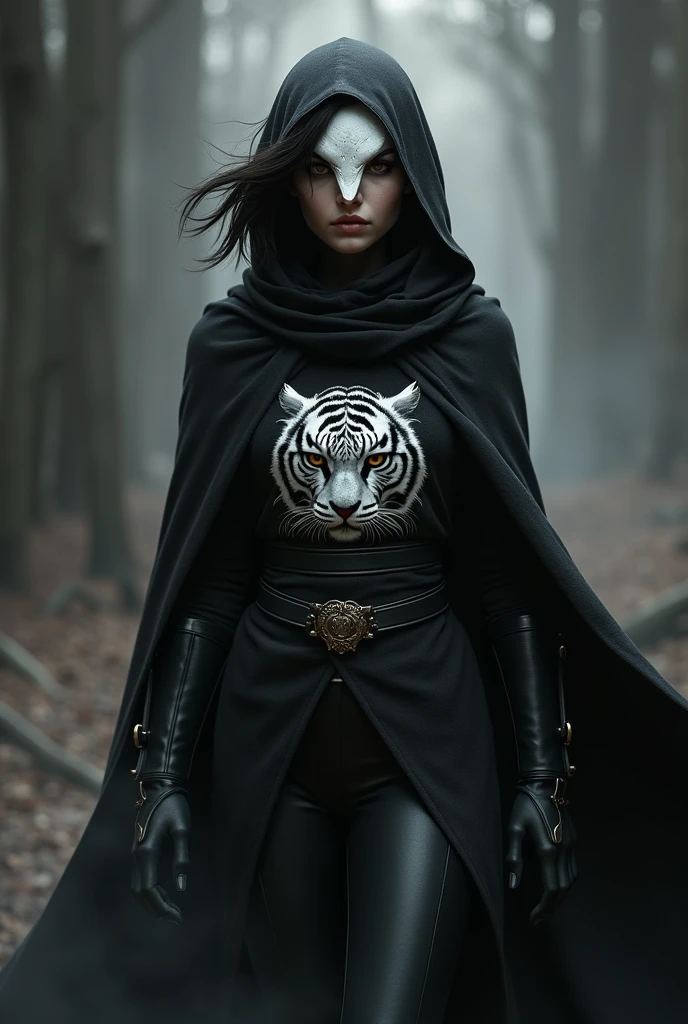 Girl with short black hair, brown eyes, wearing a white owl mask, wearing black armor with a cape and hood, on the cape there is a printed design of a white tiger carrying two curved swords at her waist.