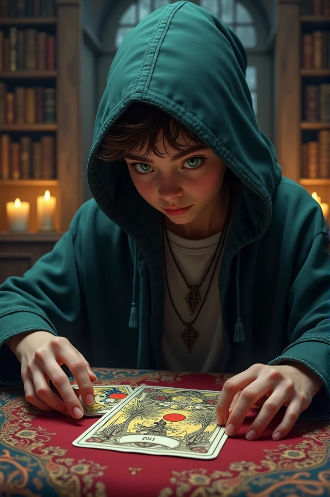 I want you to create the image of a young hooded wizard, he has green eyes and short hair, he is sitting at a table doing a tarot reading 