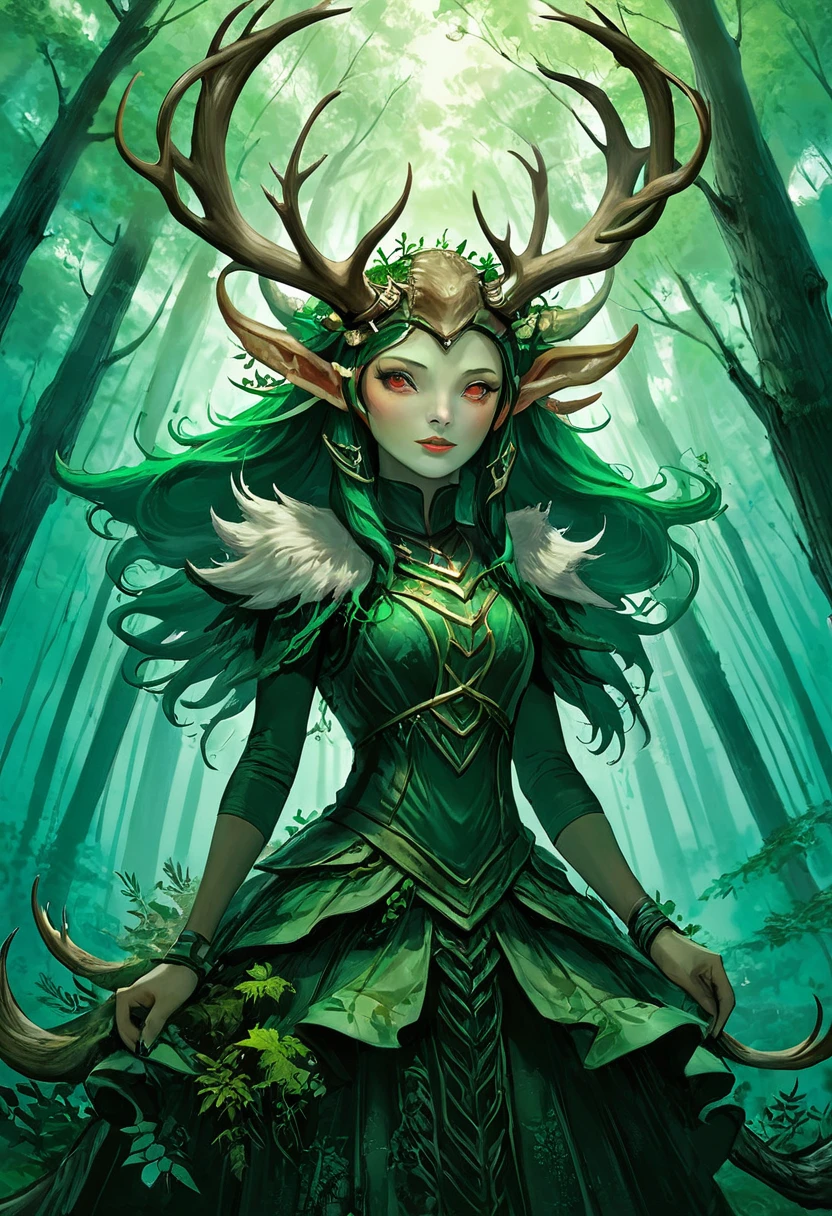 nature god with huge deer antlers on her head. a forest in the background.