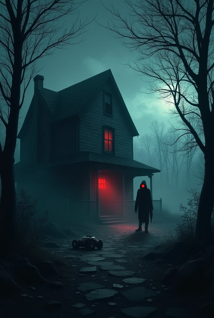 An eerie, dark silhouette of an old, abandoned house with flickering lights in the windows. A shadowy figure stands in one corner, partially visible, with glowing red eyes. In the foreground, a broken toy lies on the ground, and a gust of wind rustles through nearby trees. The text reads: 'The Most Terrifying Real-Life Ghost Story – The Haunted House of Delhi.'"