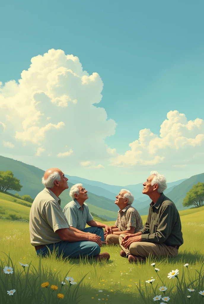 Old men and women sitting on grass looking at clouds 