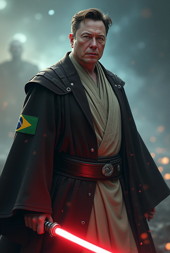 Image with Elon Musk's Star Wars Obi outfit with a Brazilian patch raising Voldemort in a Jedi power battle